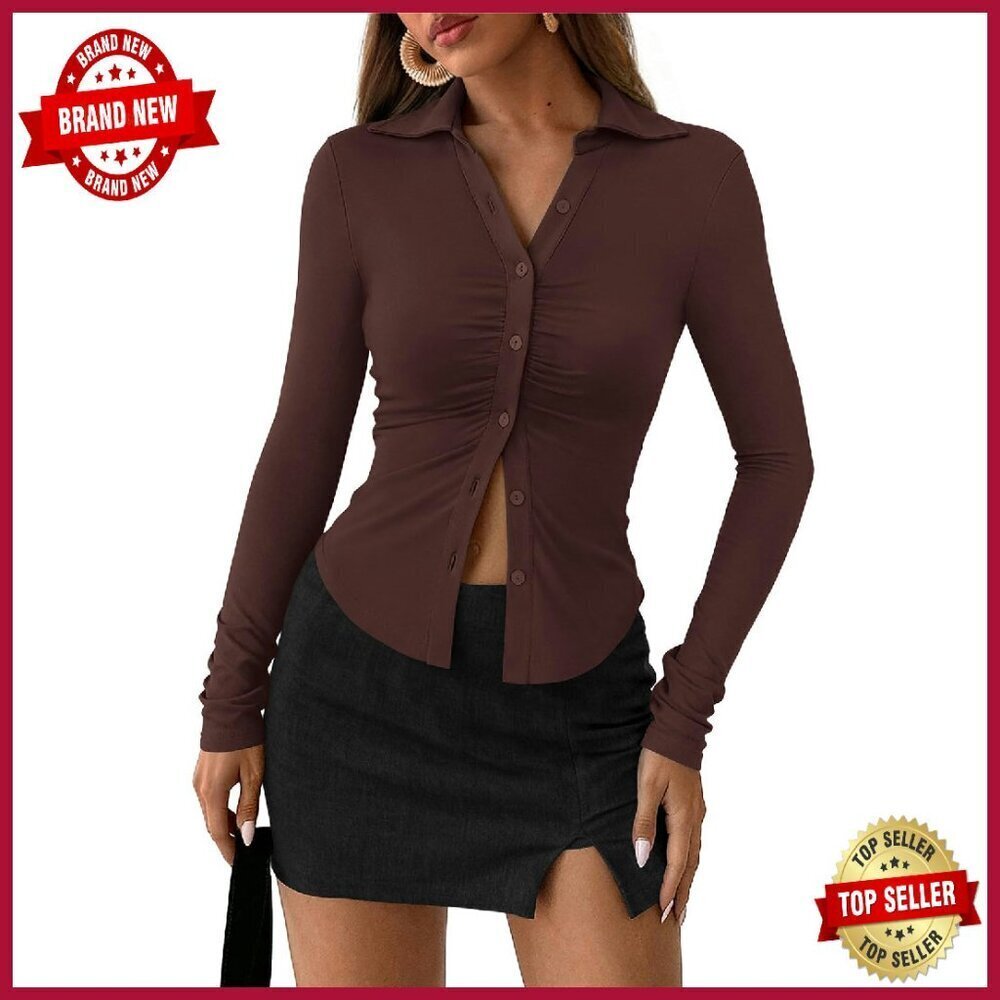 Stretch Button Down Long Sleeve Shirt V Neck Ruched Slim Fit